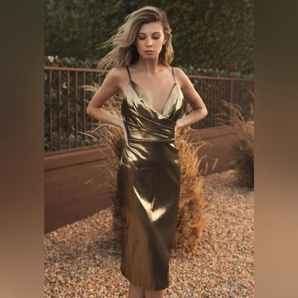 NWT Mac Duggal Metallic V Neck Midi Dress Size 4 Antique Gold - Picture 5 of 10